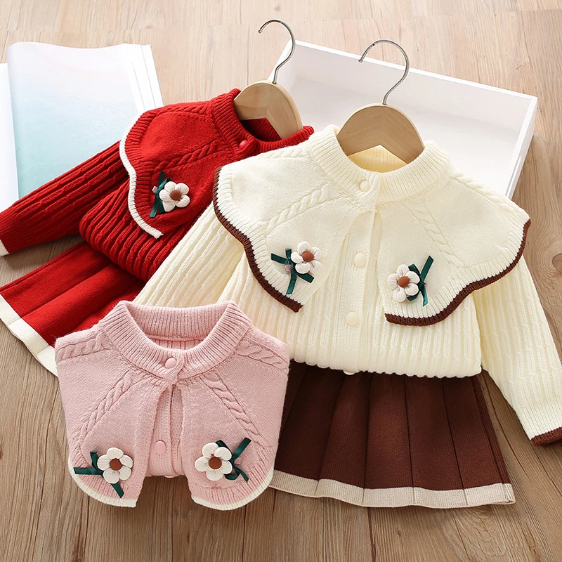 2026 New Spring Children Knitted Clothes Suit Long Sleeved Knitted Cardigan Coat+Short Skirt 2-6Yrs Baby Girls Clothing Set
