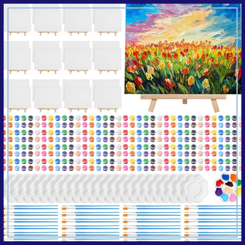 

24 Set 8x10 Inch Canvas Boards with Easel, Acrylic Paint Strips, Brushes, Palettes - Art Painting Kit for Beginners