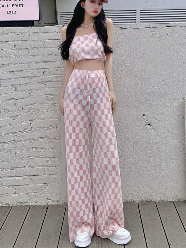 2022 New Summer Fashion Casual Plaid 2 Piece Set Women Strapless Crop Top + Wide Leg Pants Suits Female Sexy Outfits For Woman