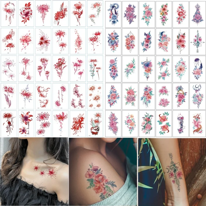 

60pcs/lot Flower Tattoos Temporary for Women Ladies Girls Hands Wrist Leg Fake Tattoos Stickers Party Decor for Summer Tatuagem