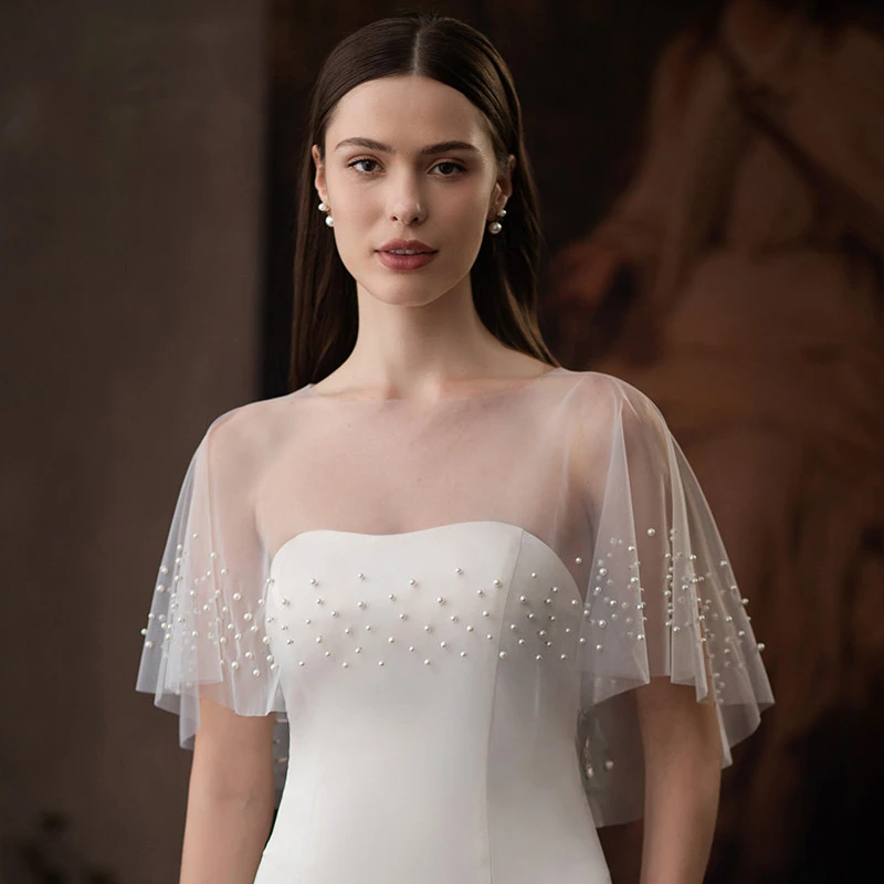 

Женская свадебная накидка, белый свадебный плащ, жемчуг, свадебная шаль, свадебная накидка, блестящий жемчуг, вуаль на плечо, прозрачная накидка