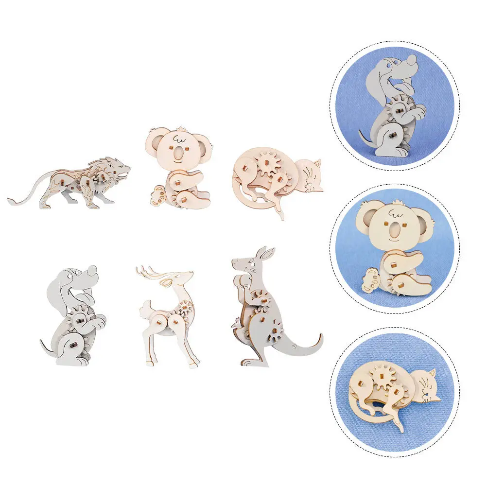 6Sets Wooden Animal Puzzle DIY Creative 3D Assembly Educational Craft Games for Kids Home Decoration Wood Puzzle Toy