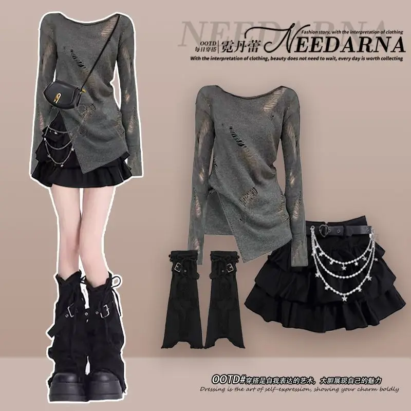 

Модный женский комплект, весенне-осенний новый дизайн, вязаный топ + утягивающая повседневная короткая юбка, комплект из двух предметов