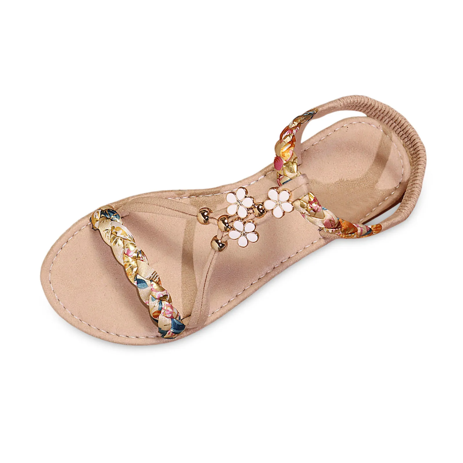 Women'S Sandals 2025 Summer New Plus Size Women'S Elastic Strap Sandals Woven Color Block Beaded Casual & Beach Wear Sandals