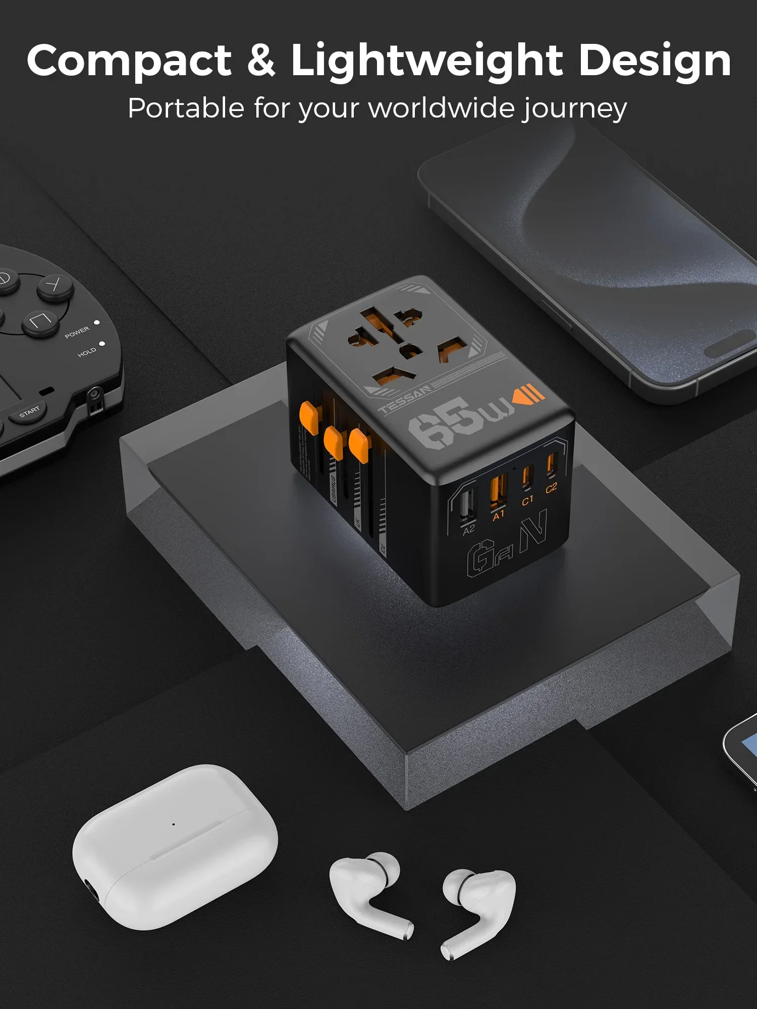 Adattatore da viaggio universale TESSAN GaN da 100 W con USB tipo C 65 W Adattatore per spina internazionale a ricarica rapida Spina UE/Regno Unito/USA/AUS/KR