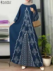 Moda ZANZEA muzułmańskie Abaya sukienka Maxi damska z długim rękawem w kwiatowy wzór elegancka luźna sukienka Bohemain Sundress Oversize