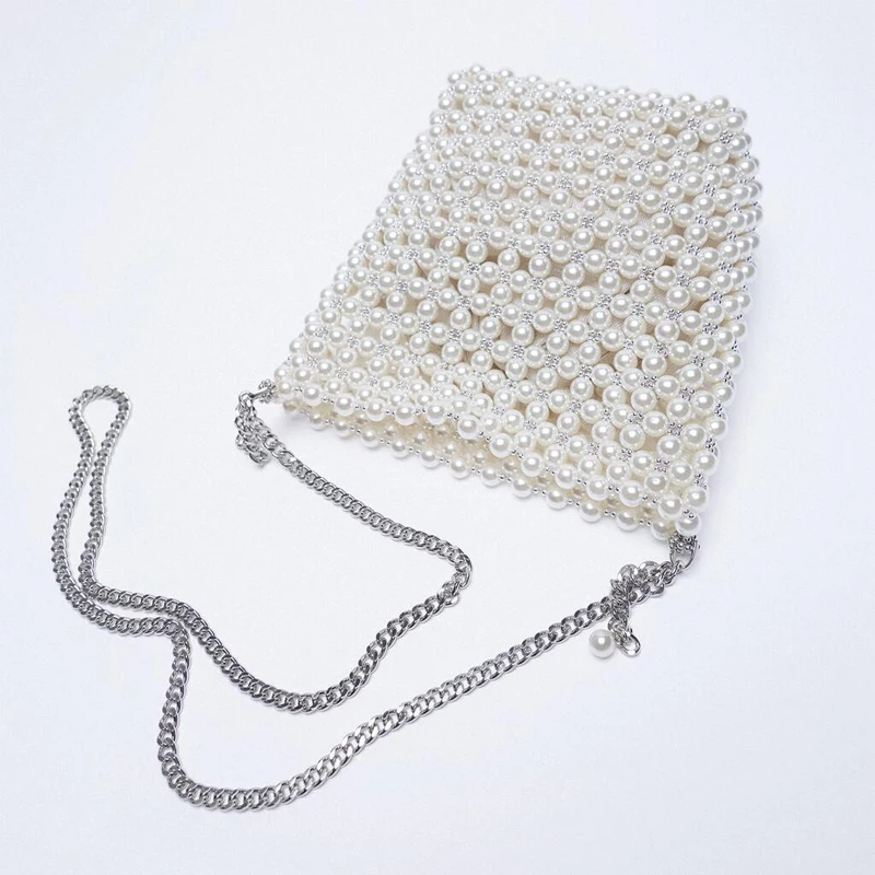 ZA New Pearl Beaded Bag White Beaded Fairy Portable Messenger Bags with Chain Female Purses and Handbags Cross Body Bag Woman