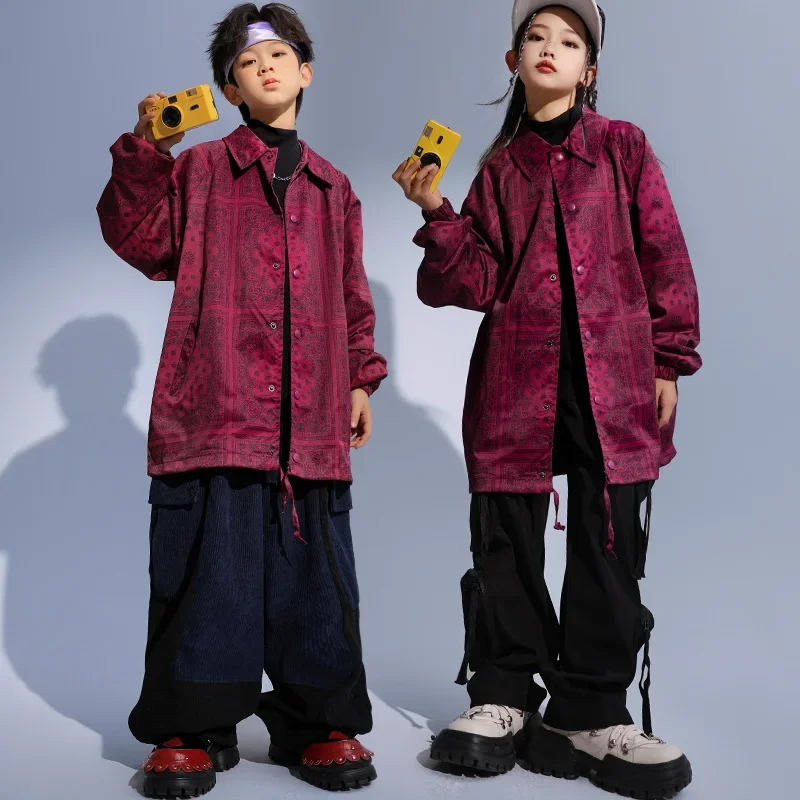 Boys Girls Paisley Jacket Pant Sets Streetwear Hip Hop Loose Casual Print Coat Cargo Pant Tracksuit Children Dance Clothing