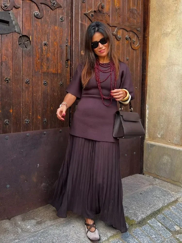 Frauen Elegante Halbarm O-Kragen Plissee Kleid Frühling Frau Hinten Zipper Spleißen Vintage Beiläufige Gestrickte Lange Kleid