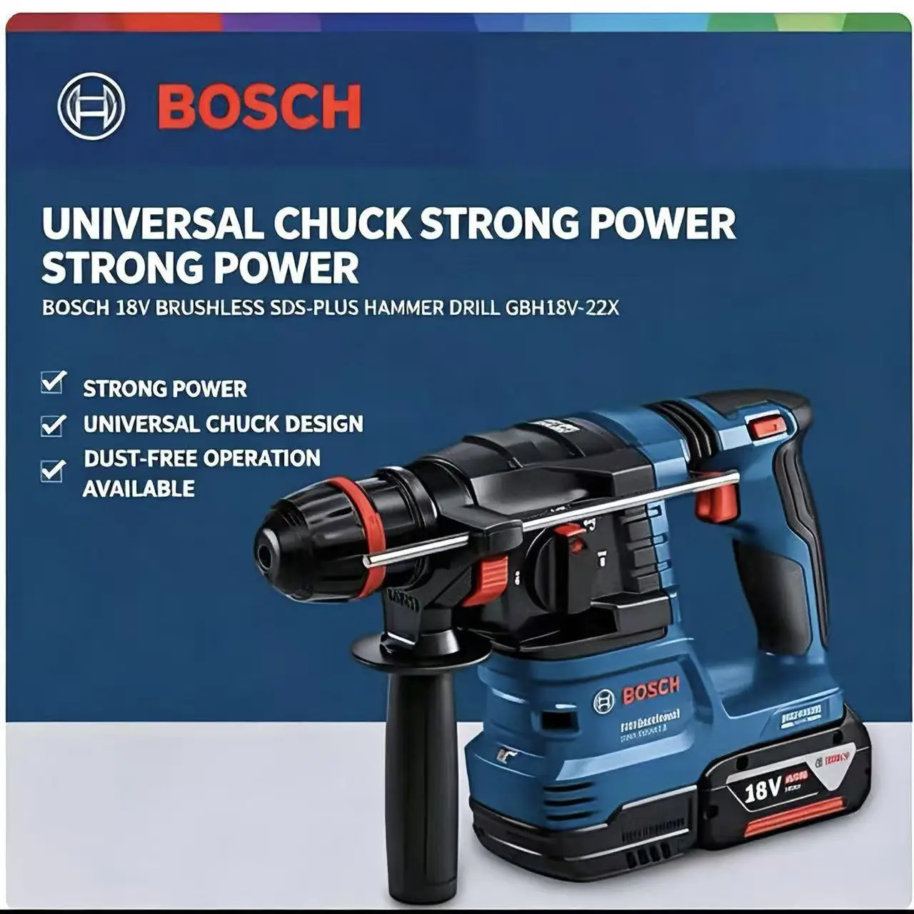 Bosch GBH18V-22X 18V SDS Hammer, Ergonomic Auxiliary Grip, Lightweight Design for Tight-Space Concrete Work