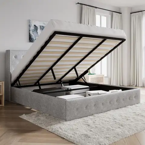 CERLIN King Size Lift Up Storage Bed Frame,Button Tufted Wingback Headboard,Upholstered Platform,Hydraulic Storage,Wooden Slat