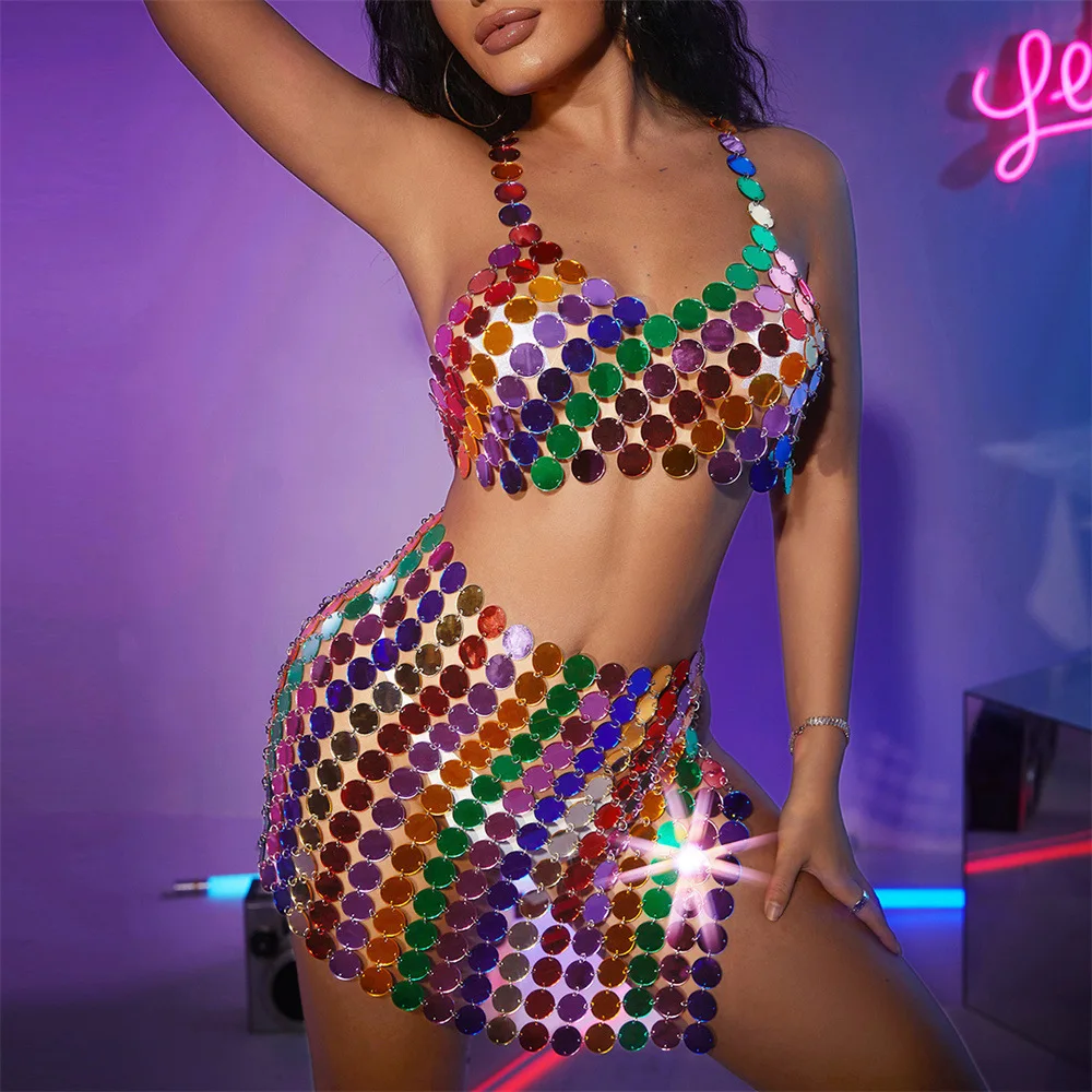 

Rainbow Disc Sequin Mini Skirt Women Rainbow Disc Sequin Cami Top Fashion Chainmail Night Club Beach Party Outfit Girls 2pcs set