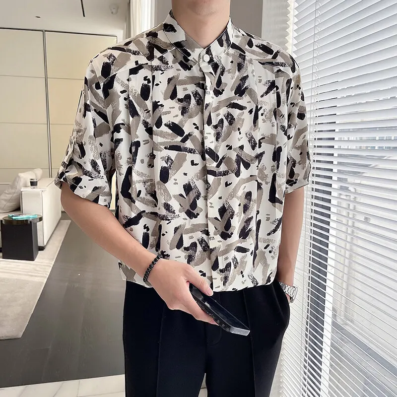 

2025 Summer Chinese Style Stand-up Collar Half Sleeve Shirts for Men Retro Print Loose Casual Shirt Tops Social Party Streetwear