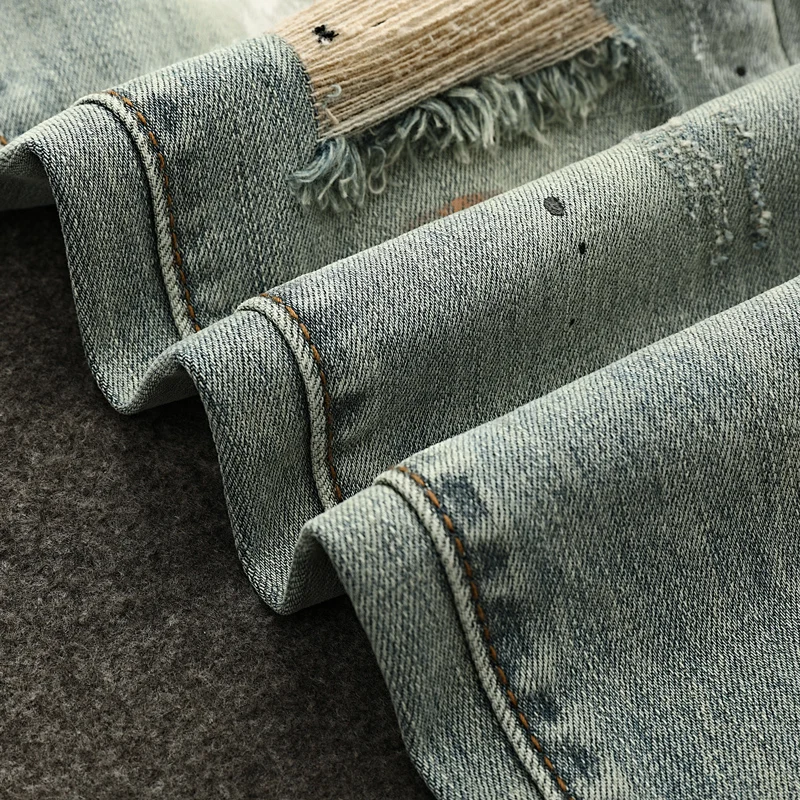 NewY2K Jeans Embroidered Scratched Painted Washed Water Nostalgic Retro Light Grey Blue Men's Jeans Designer High Quali