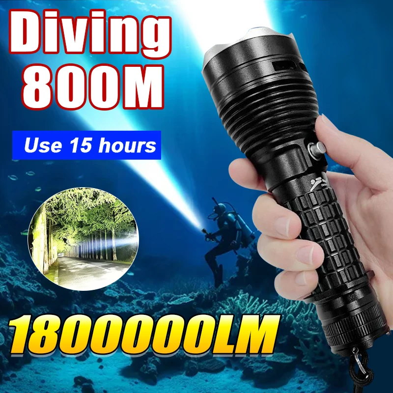 

High Power Diving Flashlight IP68 Highest Waterproof Rating Professional Diving Light Powered by 18650 Battery With Hand Rope