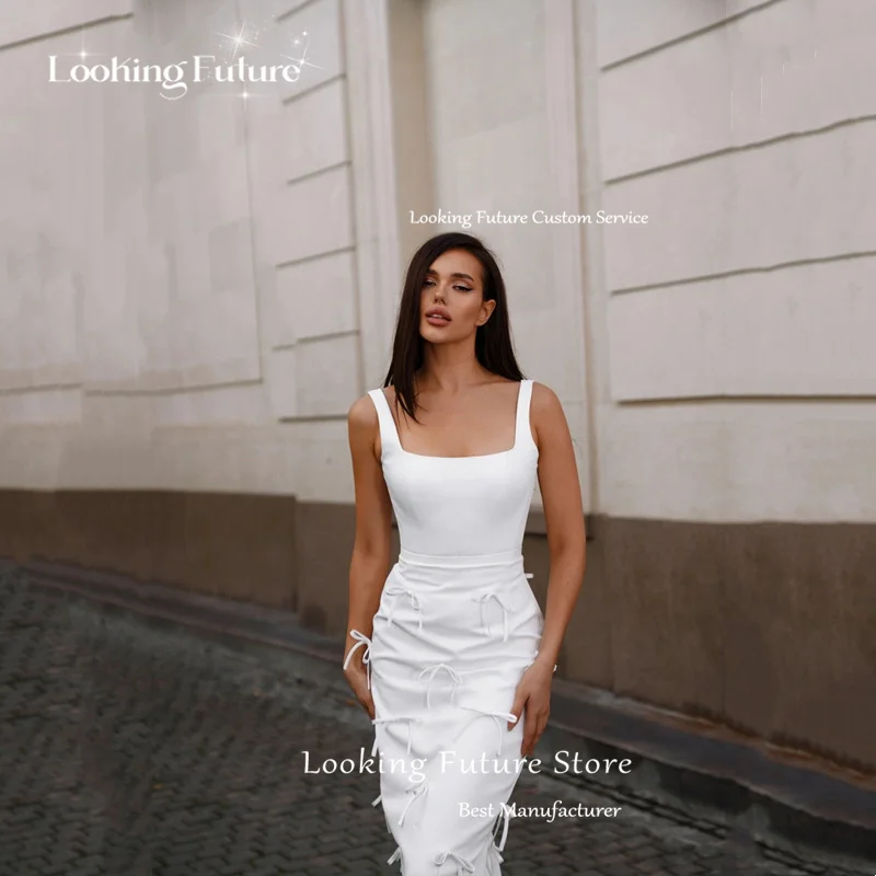 Simple Short Sheath Wedding Dress 2025 Elegant Spaghetti Strpas Sleeveless Pleat Bow Square Collar Gowns Ankle Length Customized