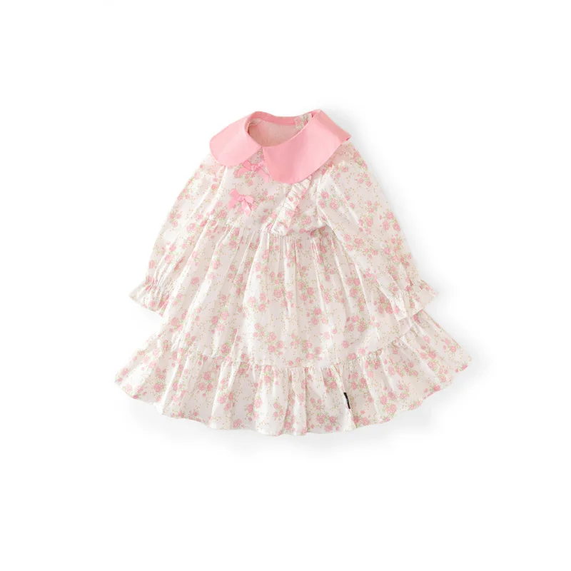 

Children's Clothing French Style Girls' Dress Spring and Autumn Korean Style Floral Bow Elegant Princess Dress for Kids