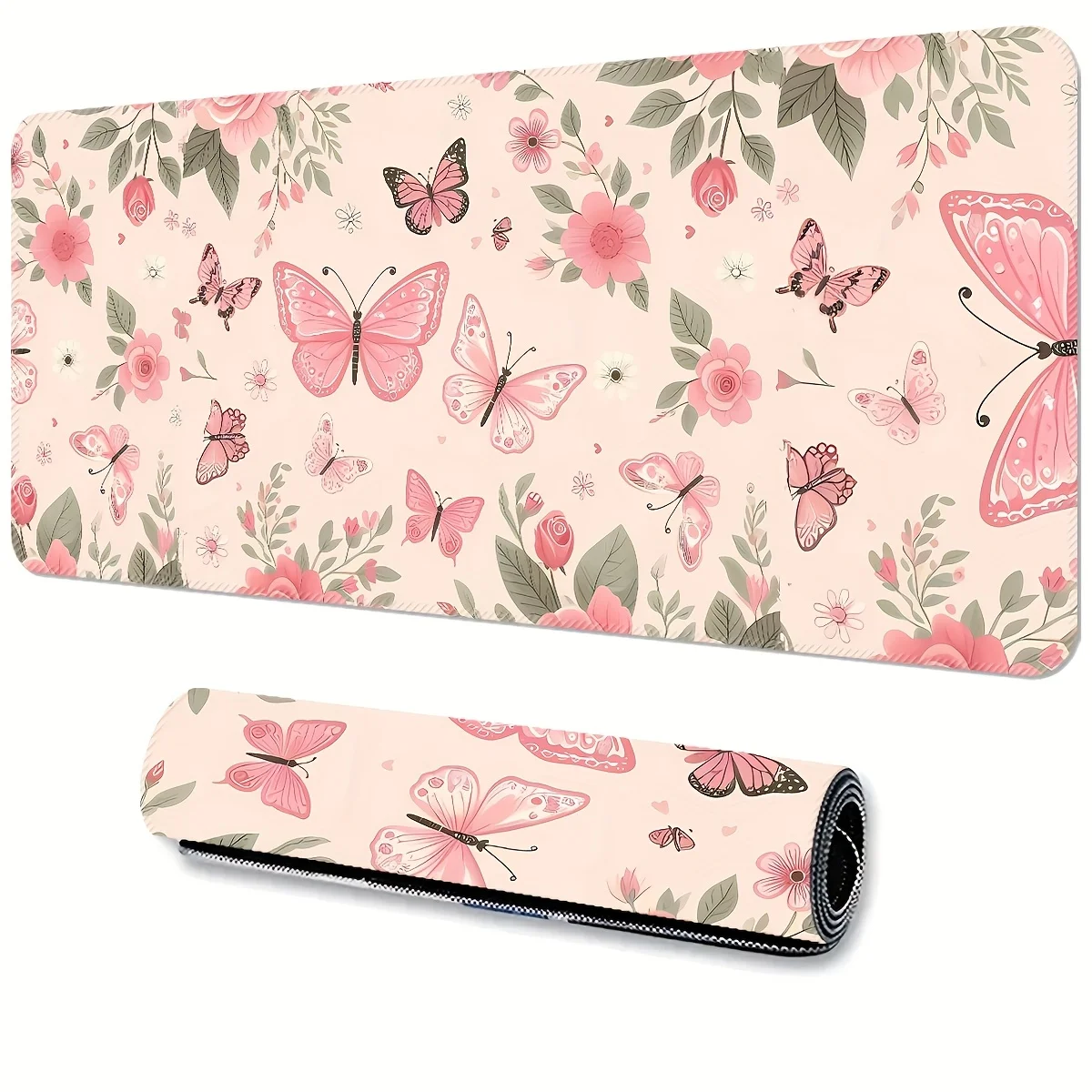 

Large Extended Gaming Mouse Pad Floral and Butterfly Design Washable Non-Slip Rubber Desk Mat with Edging for Computer eSports