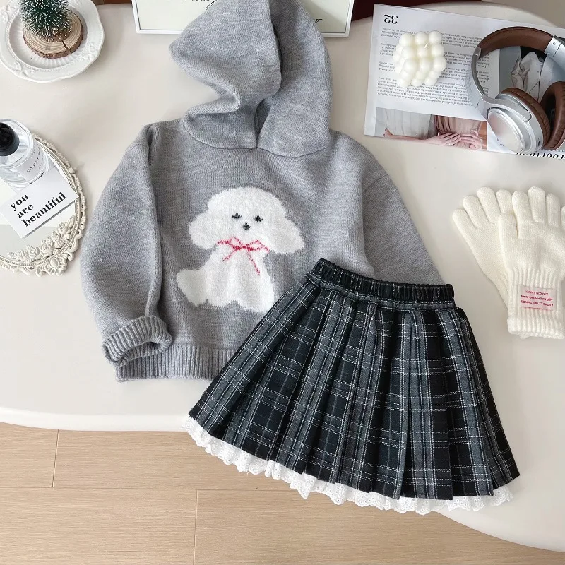 Girls Suits Autumn Winter Knitted Hooded Sweatshirts Plaid Skirt Fall Toddler Girl Knitted Sweater Tops 2-7Yrs