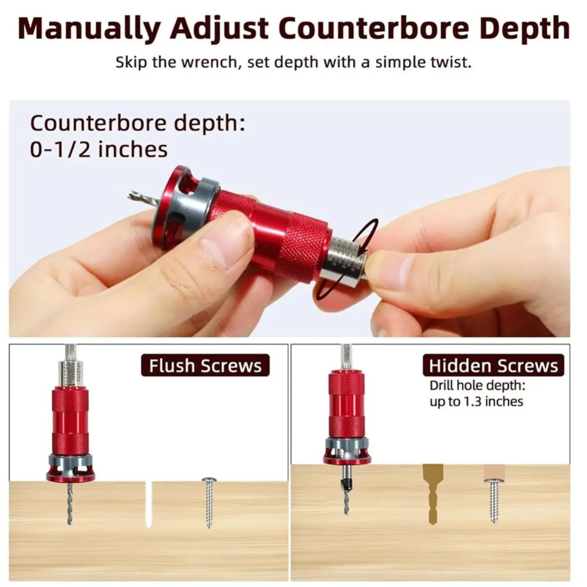 Time Saving Quick-Adjust Countersink Drill Bit Set with Aluminum Stop Collar, 5 Replaceable HSS M2 Bits and A Wrench