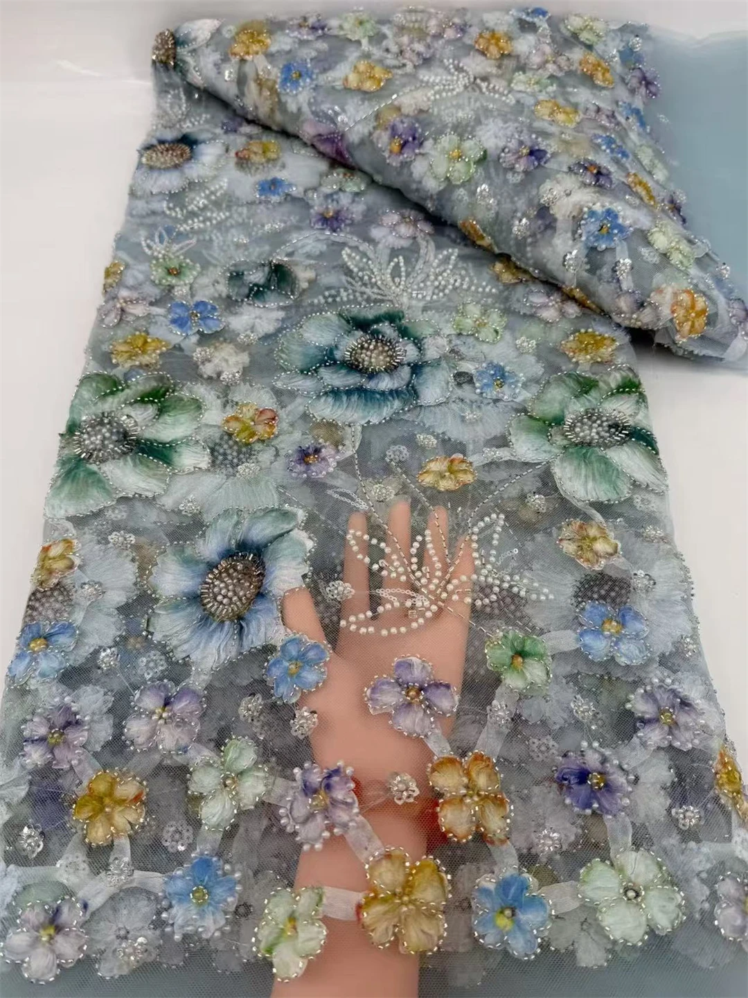 

Luxury African Beaded Sequins Pearl Lace French Tulle Fabric High Quality Nigerian Design for Party Dress Sewing 5 Yards