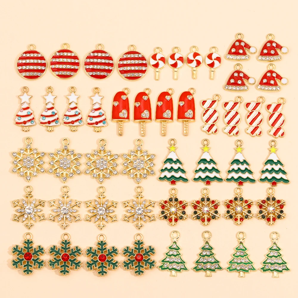 10 Stück Mix Weihnachts-Charms, 12 Stile, glänzender Zirkon, Schneeflocke, Weihnachtsbaum, Süßigkeiten-Anhänger, Ohrringe, Halskette für DIY-Schmuckherstellung – Detail 3
