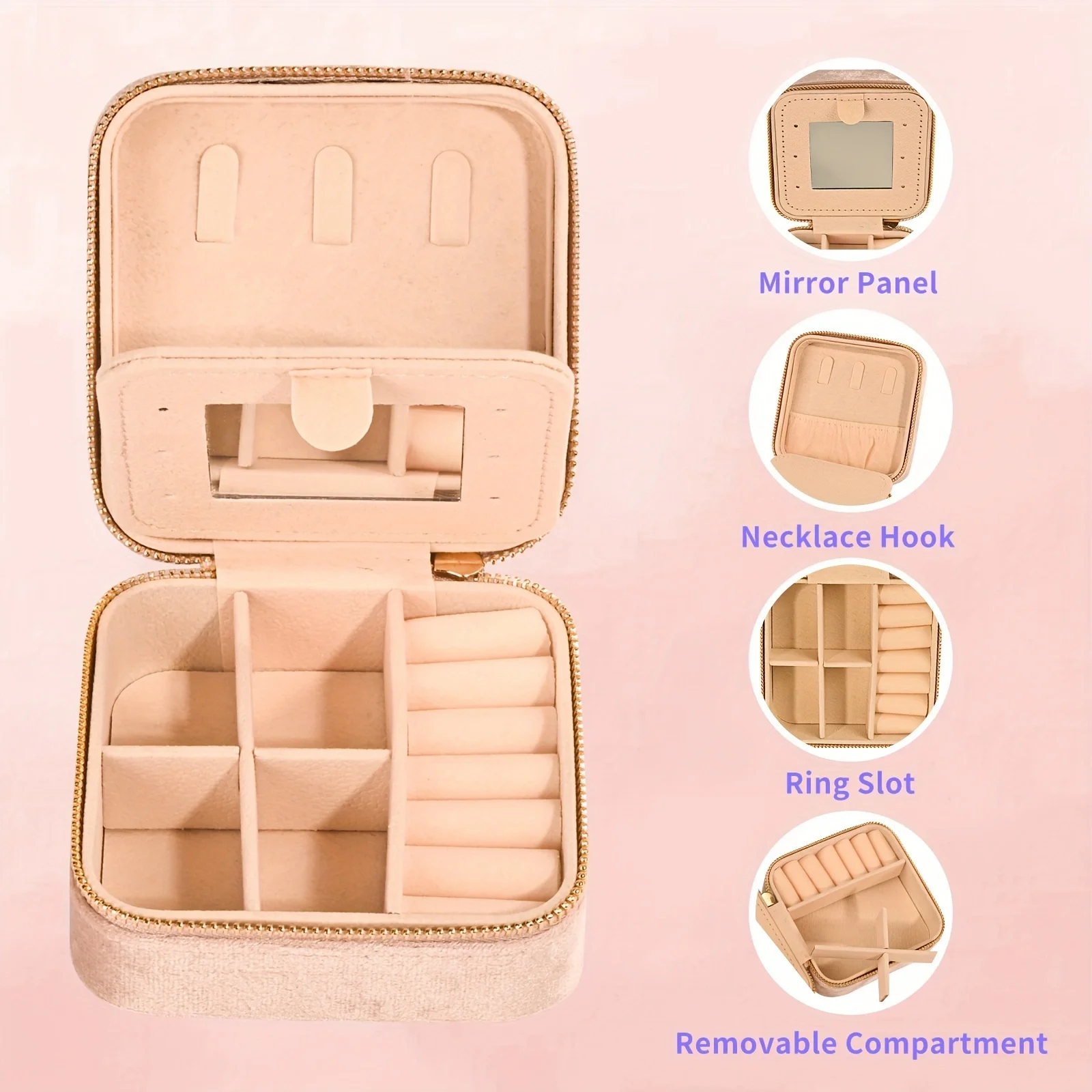 Caixa de armazenamento de jóias de viagem de veludo com espelho, caixa de jóias de viagem pequena caixa de jóias feminina, caixa de armazenamento de brincos com espelho