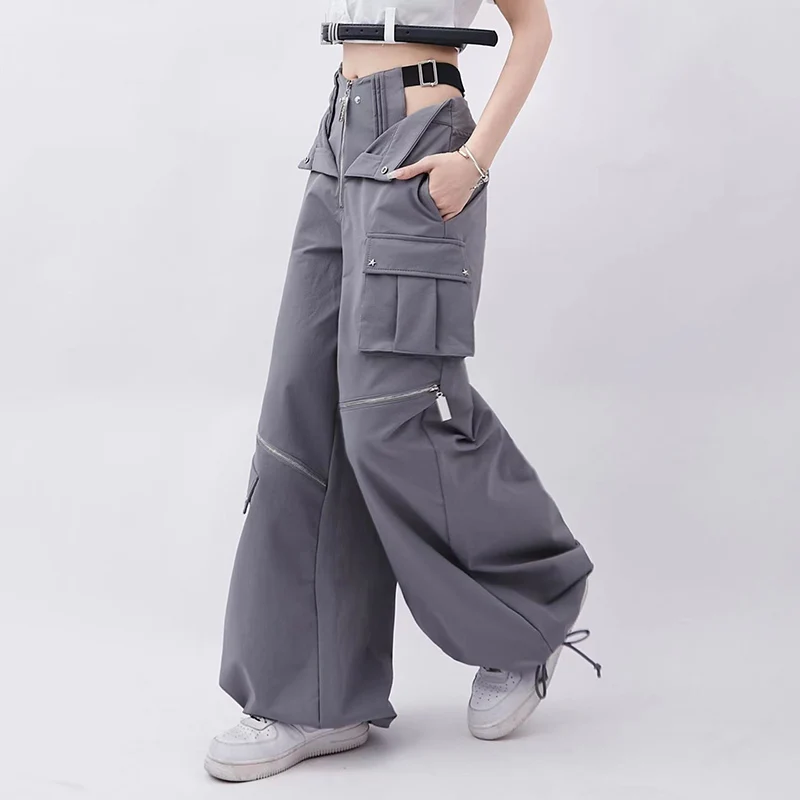 Y2K Fashion Zipper Cargo Pants Women Korean High Waist Streetwear Loose Hollow Out Wide Leg Pants Ins Tide All Match Trousers