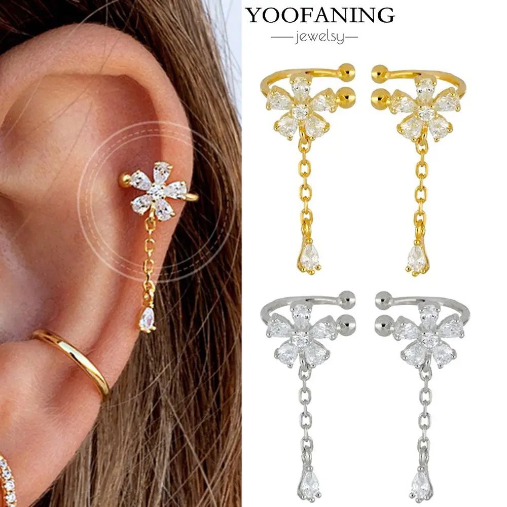 

18K Gold New Shiny Zircon Pendant Clip on Earrings Fashion Tassel Chain Flower Earrings for Women Wedding Luxury Jewelry Gift