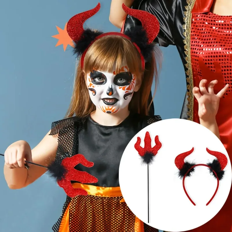 2025 New Fun Red Devil Horn Headband Halloween Party Makeup Ball Dress Up Devil Cane Headband Set Accesorios Para El Cabello