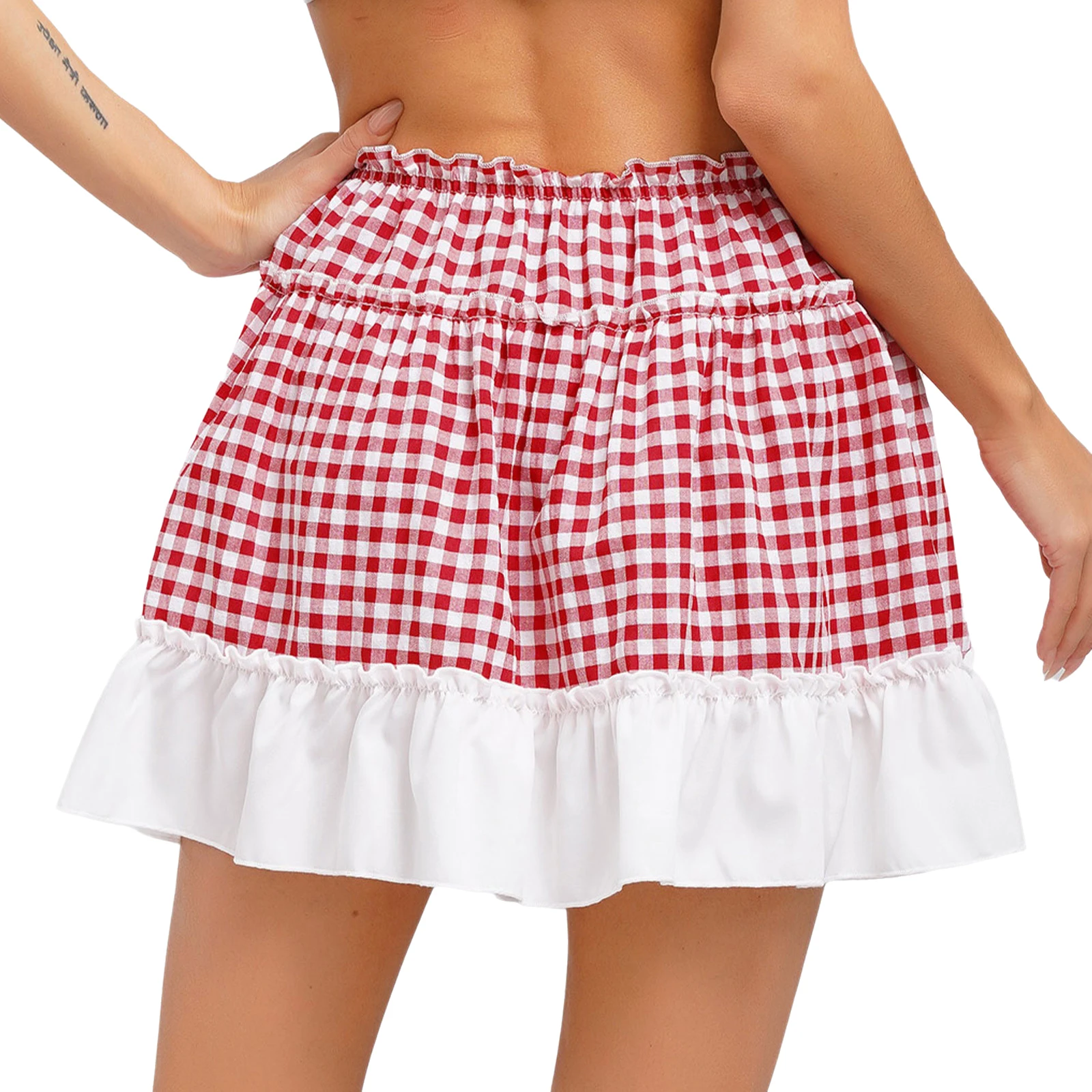 Women Sweet Bowknot Plaid Skirts Party Dance Costume y2k Elastic Waistband Color Block Ruffled Skirts for Party Cosplay Club