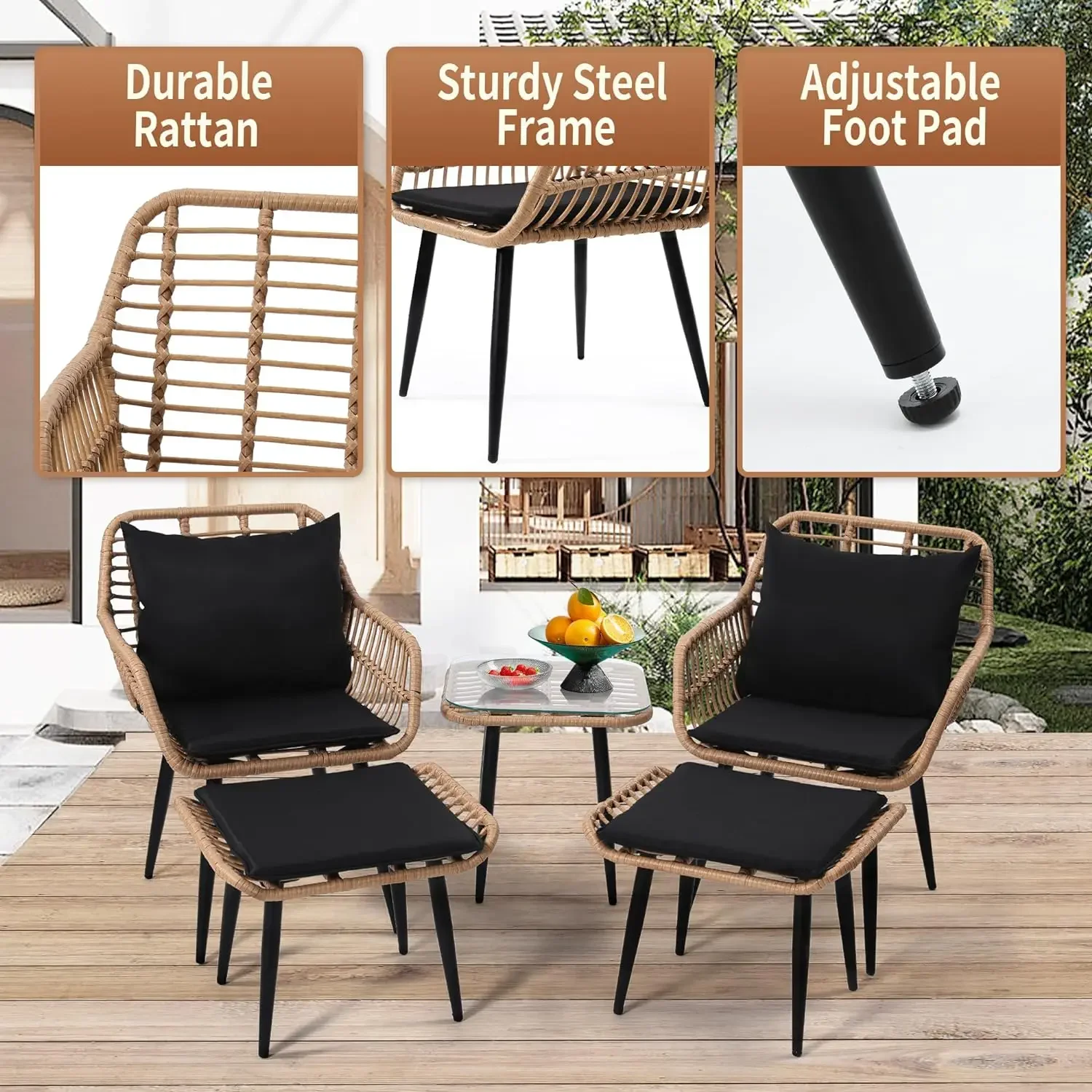 Outdoor Wicker Chairs and Table Bistro Conversation Furniture Set, 5 Pieces with Ottoman for Porch , Natural Color