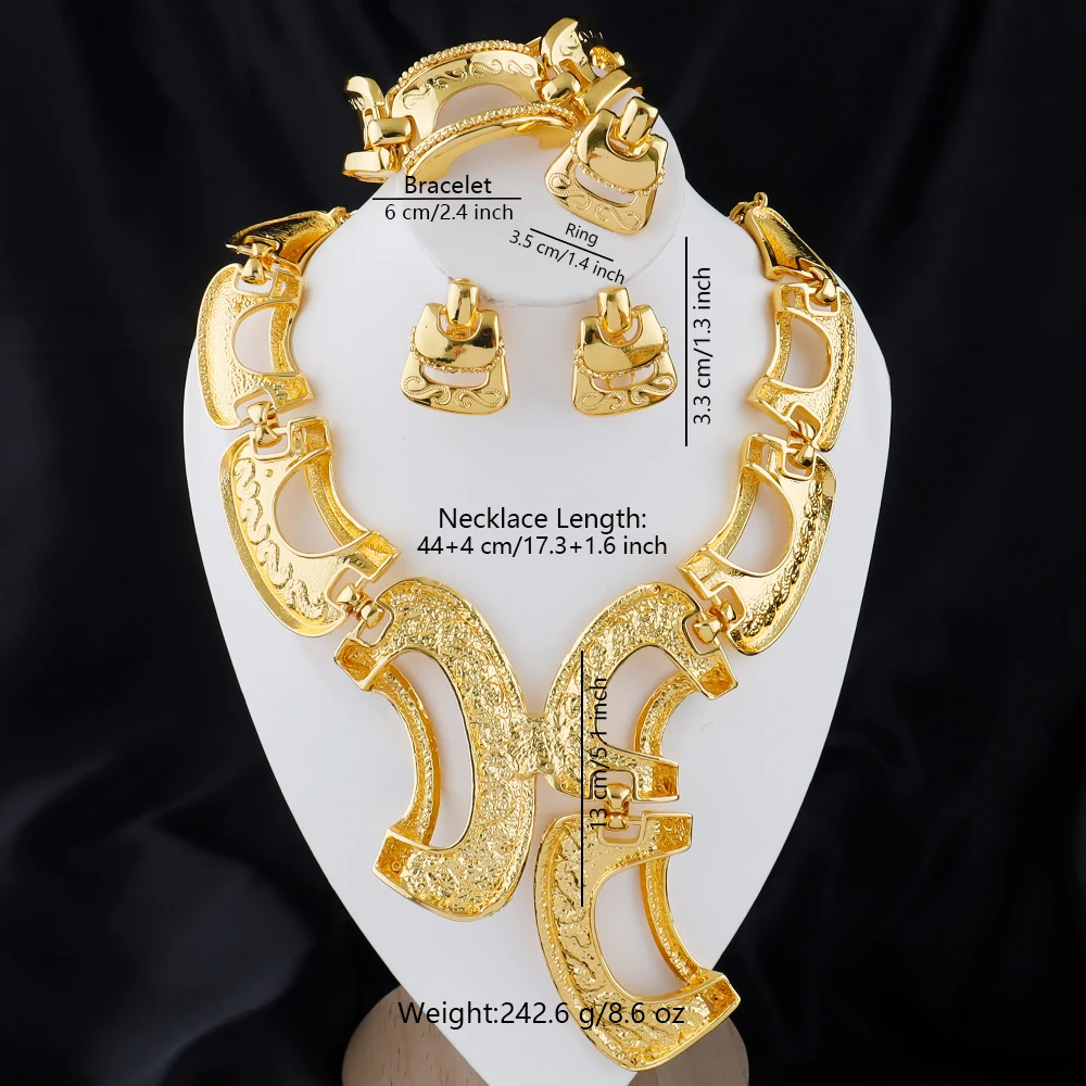 Neues Extravagantes Schmuckset Dubai Goldfarben Große Halskette Ohrringe Armband Ring Sets Brautschmuck 24k Vergoldeter Schmuck Geschenke – Detail 1