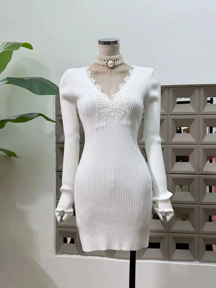 Nuevo vestido elegante de punto de encaje elástico con cuello en V de manga larga para mujer ajustado Sexy moda fiesta de noche Club fecha noche vestidos de otoño