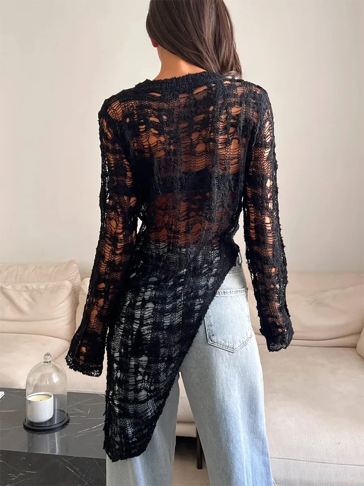 Trendix Sheer Hollow Out Knit Top Women's O Neck Long Sleeve Asymmetric Knitted Jumper Party Club Sexy See Through Pullover Tops 2