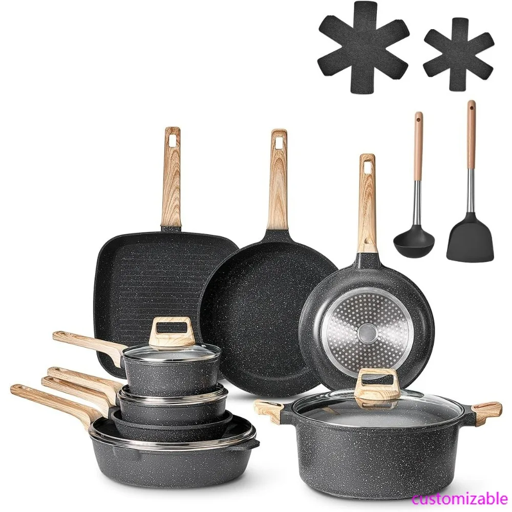 

Granite Nonstick 19-Piece Cookware Set for Induction, Suitable for Kitchen and RV Use with Frying and Sauce Pans