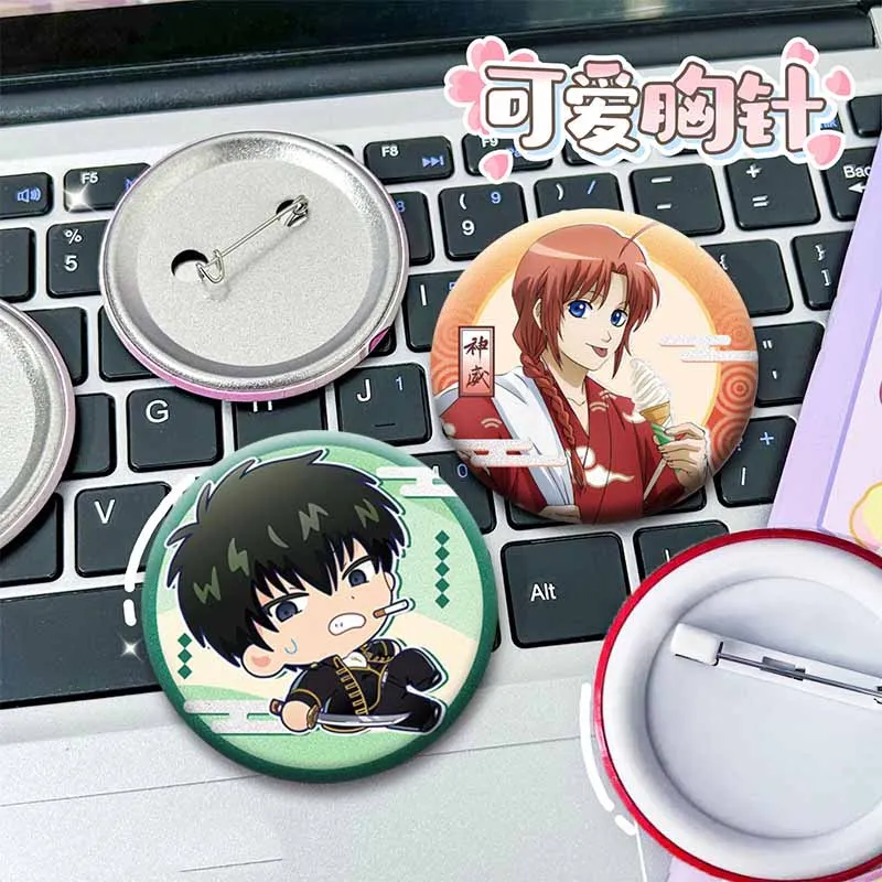 Anime GinTaMa Character Button Pins Sakata Gintoki Kagura Hijikata Toushirou Carton Badge Tinplate Round Brooch Accessory Gifts