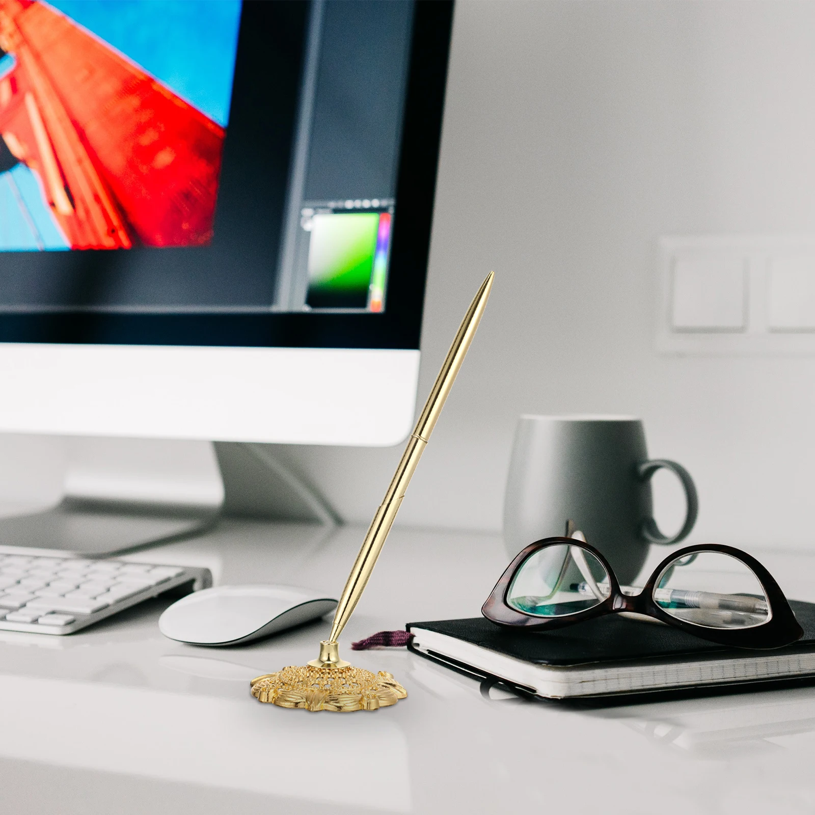 

2Pcs Electroplated Pen Base Ballpoint Pen Delicate Business Style Lightweight Comfortable Grip Vertical Stand Design Office