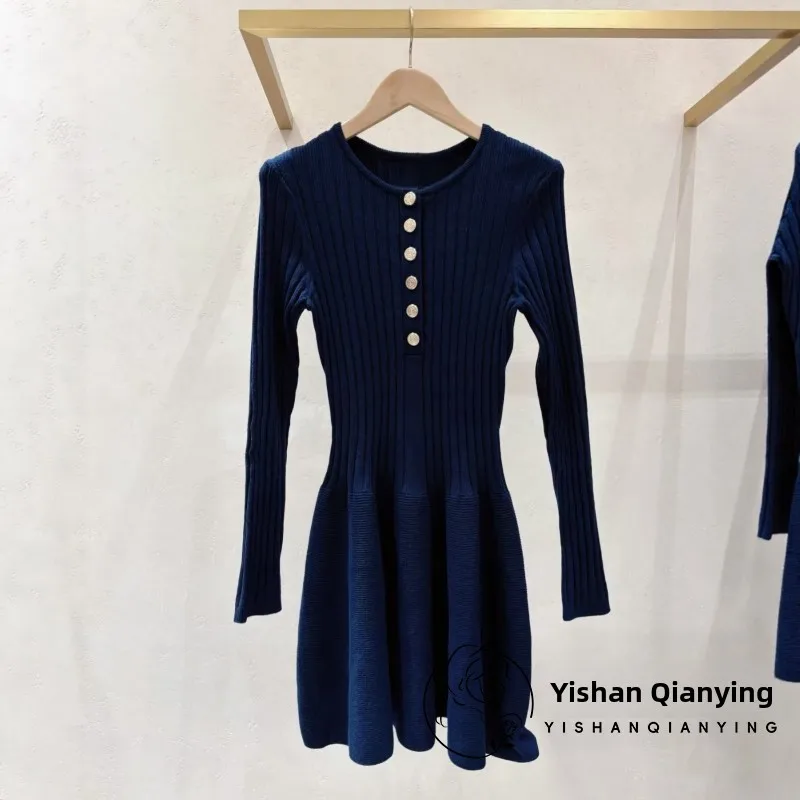 

Ele Knitted Slim Fit round Ne Dr Women's Single Button Faionable M Home 2025 Autumn Winter New Arrival