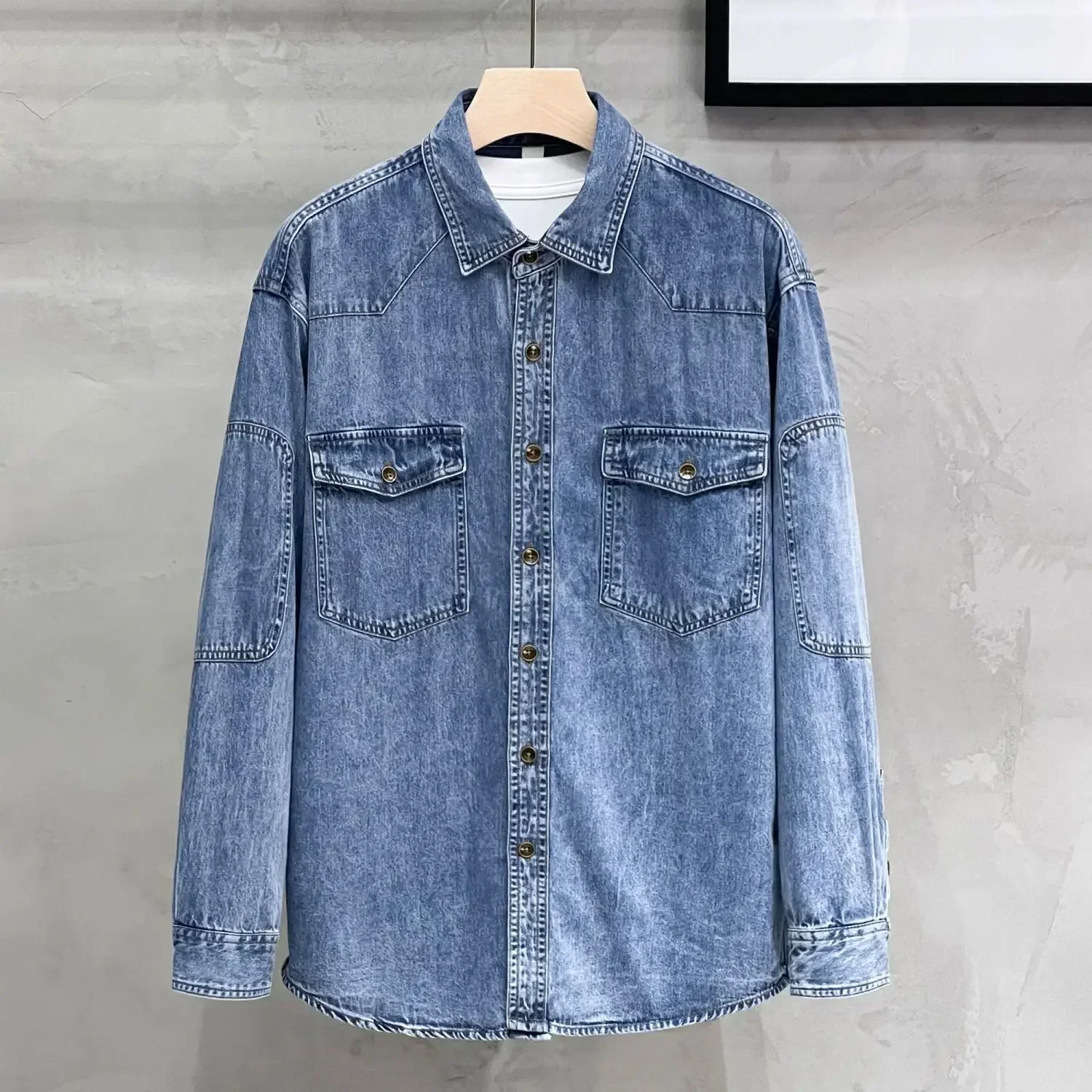 Autumn Denim Jackets Man Pocket Button Blue Jeans Coat for Men Korean Popular Clothes Winter Oversize One Piece Low Cost Korea G