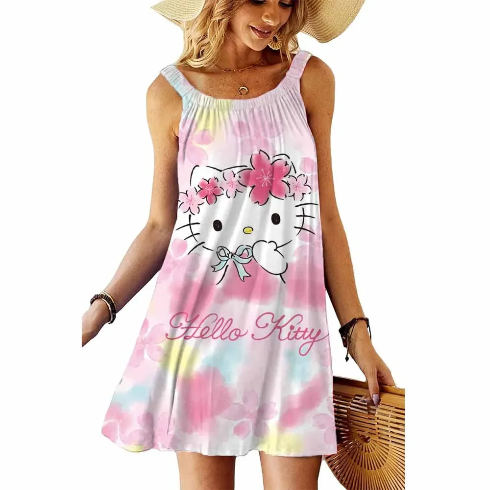 

Пляжное платье для женщин, сексуальные женские платья-комбинации без рукавов для девочек, праздничная одежда с принтом «Hello Kitty», модная женская повседневная одежда
