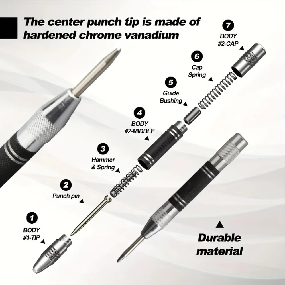 Premium Automatic Center Punch Adjustable Tension Steel Marking Tool For DIY Metalworking Carpentry And Car Window Breaker