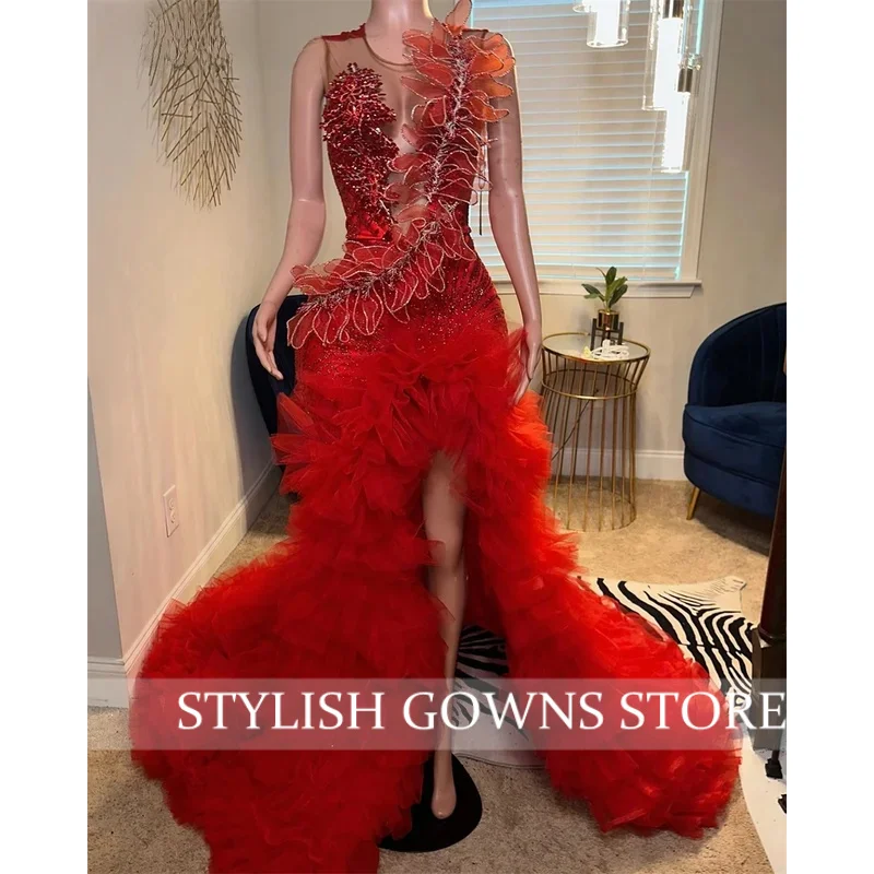 Luxe Rode Zeemeermin Galajurk 2026 Kraal Gelaagde Ruches Jurk Diamanten Applicaties Verjaardagsfeestje Avondfeest Jurken Aangepast