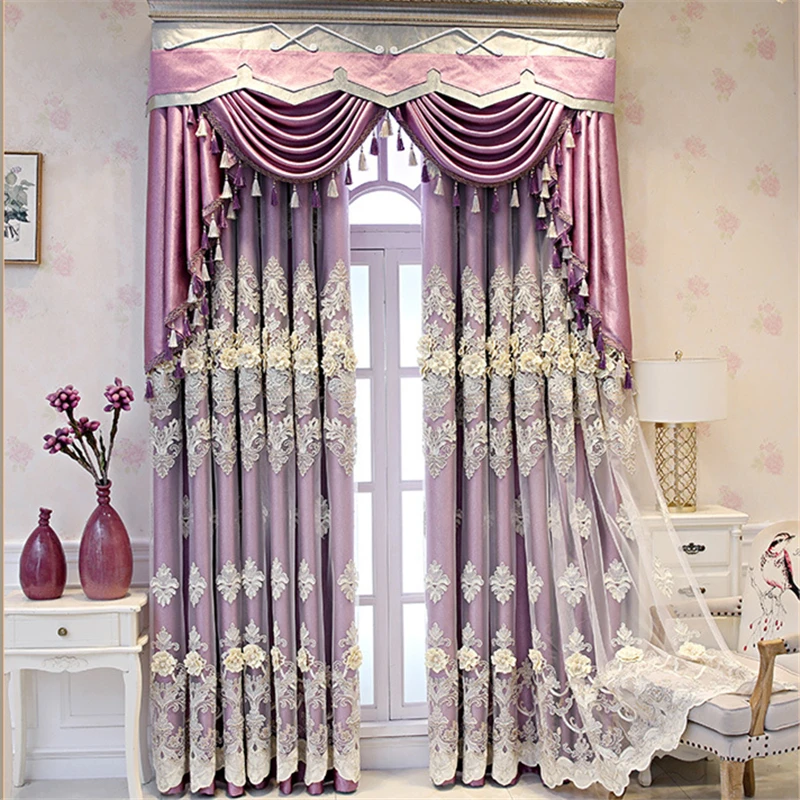 Custom American high-grade atmosphere relief embroidered gauze purple cloth blackout curtain tulle valance drape C1128