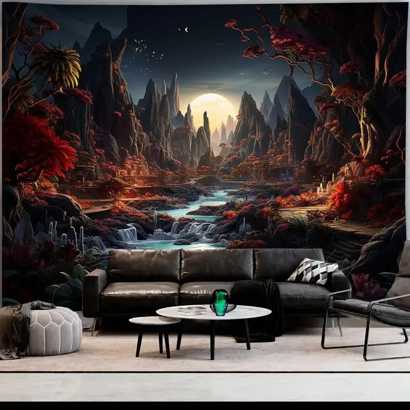 Moon Night Forest Wall Tapestry,Enchanted Wonderland Glow in the Dark Trees Mountain River Nature Landscape Decor Tapestries