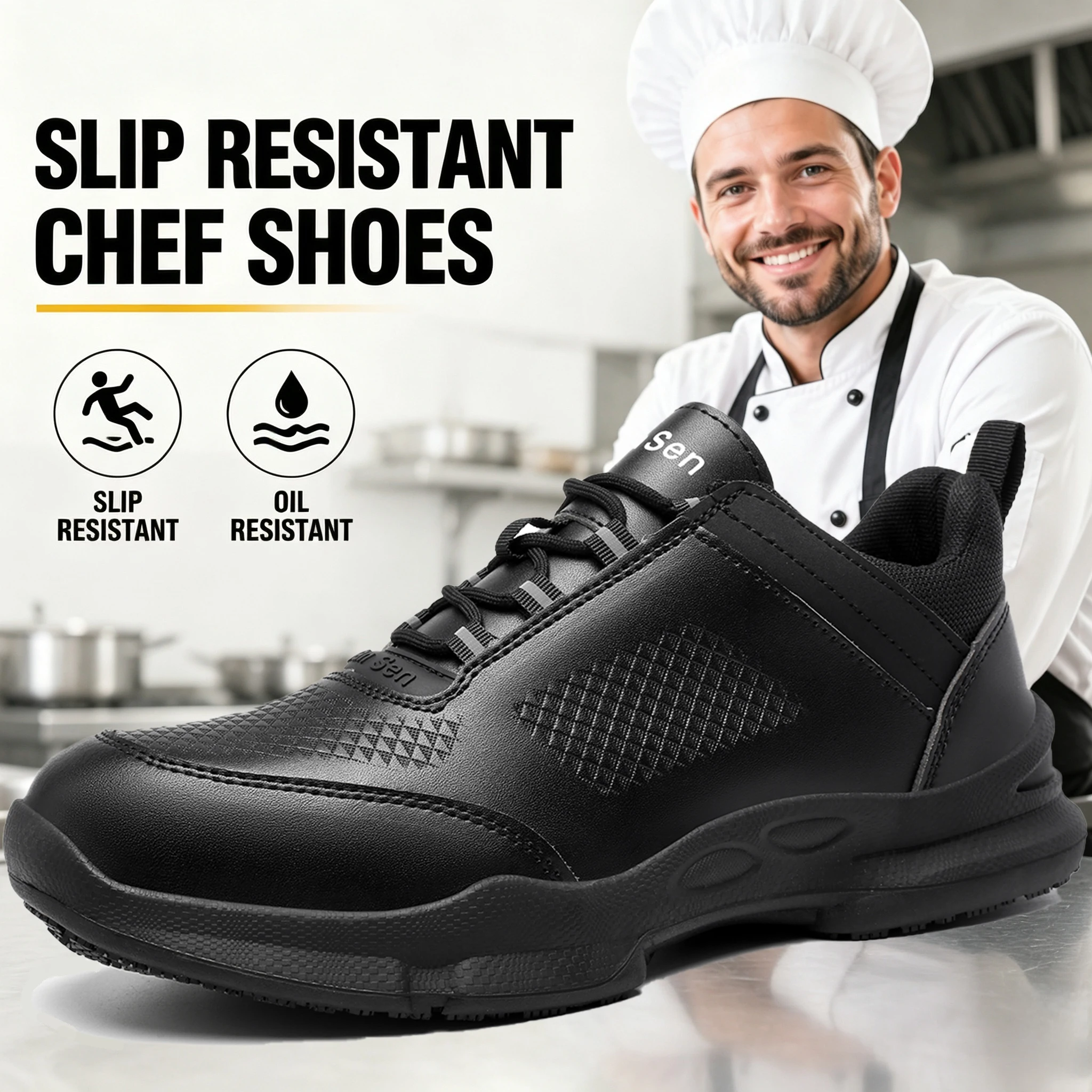Men's Winter Oil Resistant Chef Shoes, Breathable Lightweight Waterproof Non-Slip Work Footwear for Restaurant Kitchen Staff