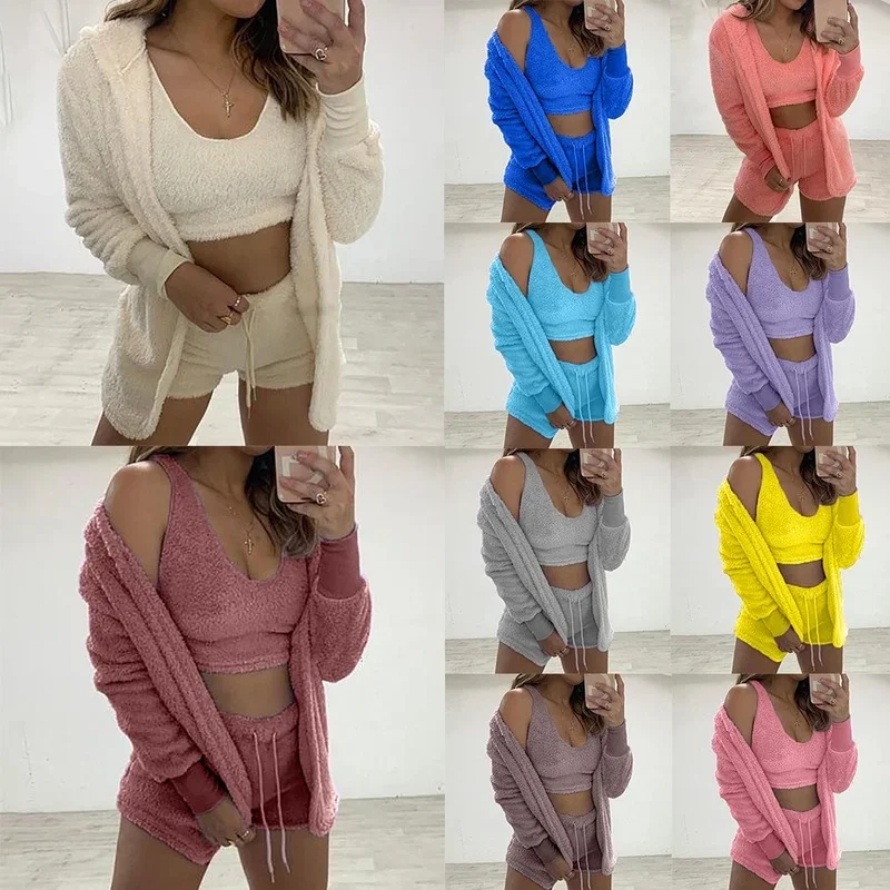 Sexy Women Sets 3 Piece Velvet Plush Hooded Cardigan Coat Shorts Crop Tops Tracksuit Casual Sports Overalls Sweatshirt Suits