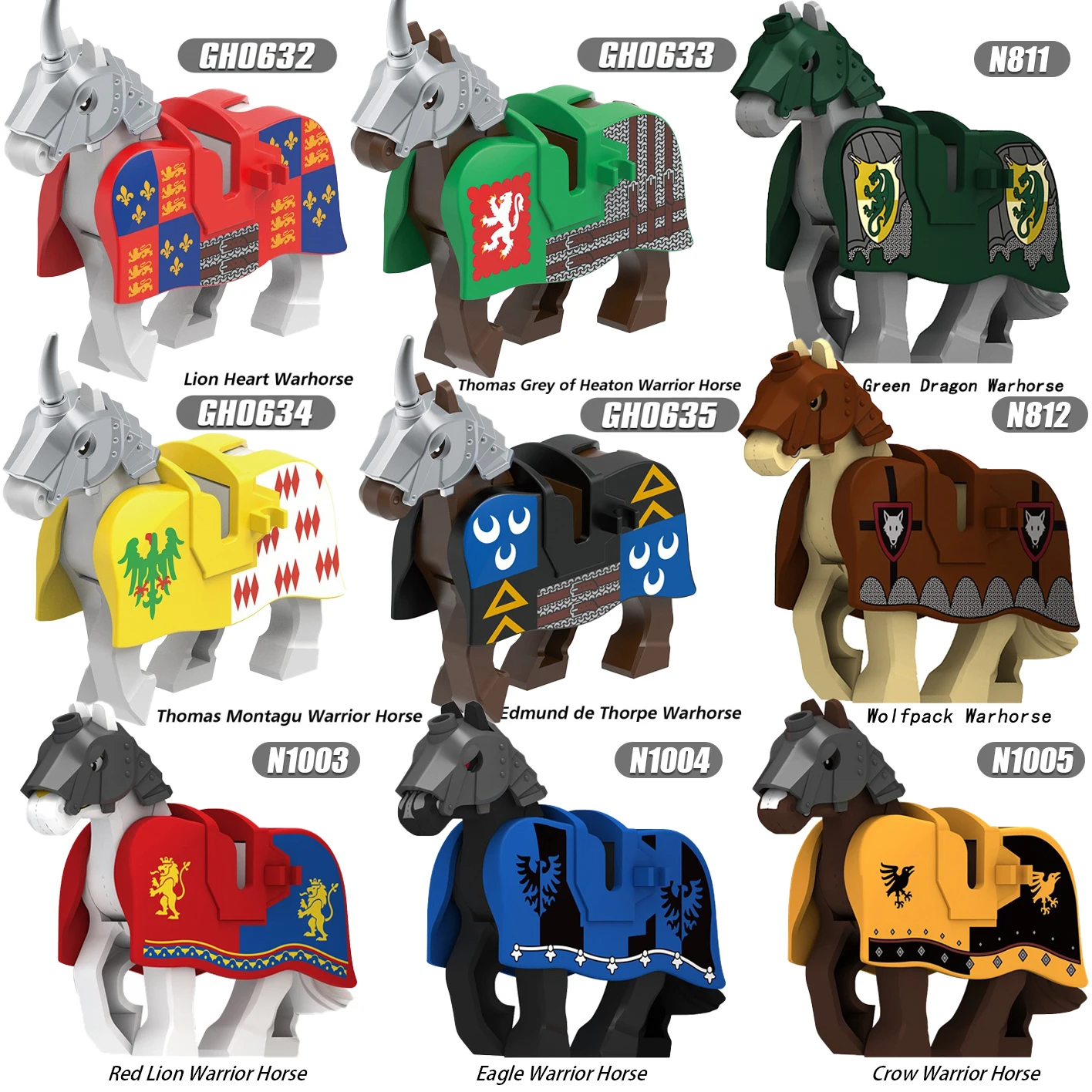 MOC Medeival Knights Horse Building Blocks Crow Wolf Warhorse Eagle Lion Green Dragon Warrior Bricks Toys Kids Gift