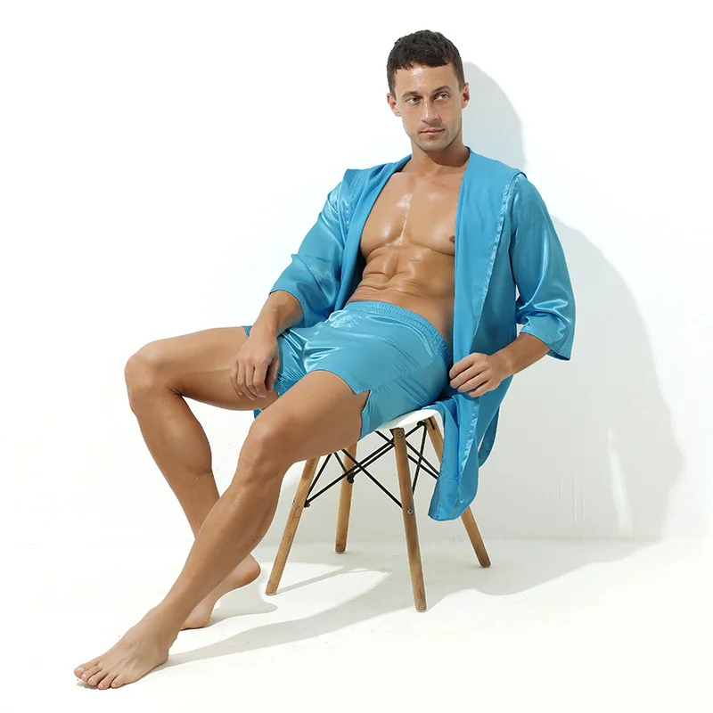 Hot Selling Men Summer Bathrobe Male Silk Short Sleeve Bath Robe Sexy Mens Dressing Gown Bathrobes(No shorts)