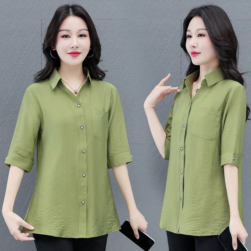 

New Women'S Fashion Slim Fit Professional 5-Point Sleeve Shirt With Spring Summer Temperament Simple Lapel Casual Versatile Top